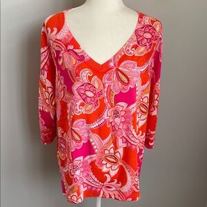 Talbots Pink and Orange Floral Cotton Blend V-neck 3/4 Sleeve Sweater 2X Petite